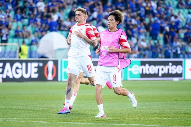 Football - Europa League - League phase - Round 1 - PFC Levski Sofia vs FC Red Bull Salzburg - 09.17.2026 Football - Europa League - League phase - Round 1: Nikolas Veratschnig, 18 of FC Red Bull Salzburg and Sota Kitano, 8 of FC Red Bull Salzburg during Europa League phase - Round 1 match between PFC Levski Sofia vs FC Red Bull Salzburg at Vasil Levski Stadium in Sofia, Bulgaria, on September 17th, 2026. Copyright: xYulianxTodorovx