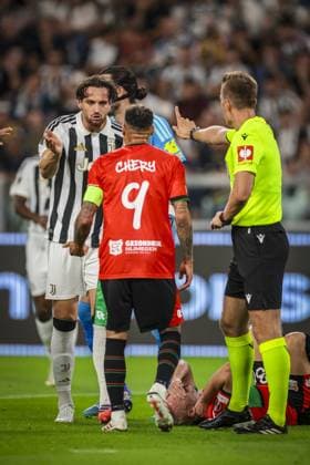 TURIN , 17-09-2026 , Allianz Stadium , season 2026 2027 , Europa League phase , match between Juventus and NEC Nijmegen , picture shows Juventus player Federico Gatti and NEC player Tjaronn Chery, referee Oleksii Derevinskyi Juventus - NEC  x207186677x Copyright: