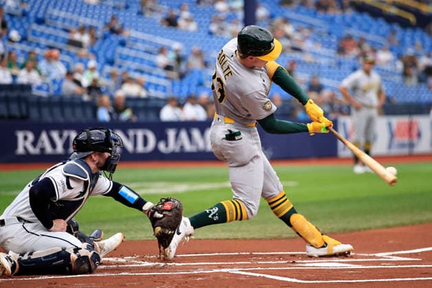 September 17, 2026, St. Petersburg, Florida, USA: Athletics left fielder Henry Bolte (33) fouls off a pitch during an MLB, Baseball Herren, USA game against the Tampa Bay Rays on September 17, 2026 at Tropicana Field. The Rays beat the Athletics 10-1 and swept the series. MLB 2026: Tampa Bay Rays 10 : 1 Athletics  - ZUMAh180 20260917_zsp_h180_003 Copyright: xKimxHukarix
