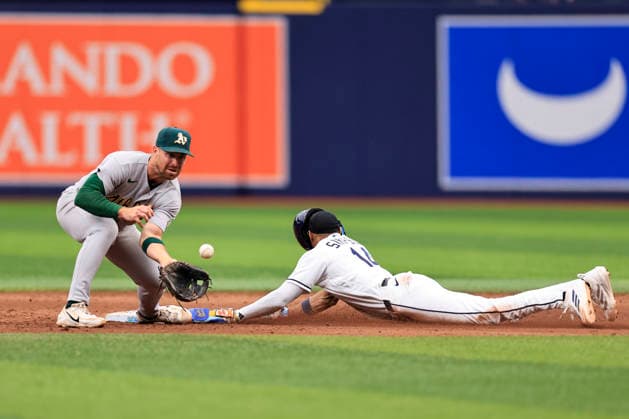September 17, 2026, St. Petersburg, Florida, USA: Tampa Bay Rays left fielder Chandler Simpson (14) safely steals second base before Athletics second baseman Donovan Walton (29) can tag him during an MLB, Baseball Herren, USA game on September 17, 2026 at Tropicana Field. The Rays beat the Athletics 10-1 and swept the series. St. Petersburg USA - ZUMAh180 20260917_zsp_h180_069 Copyright: xKimxHukarix