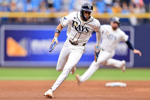 September 17, 2026, St. Petersburg, Florida, USA: Tampa Bay Rays left fielder Chandler Simpson (14) heads to home on a double by second baseman Richie Palacios (1) during an MLB, Baseball Herren, USA game against the Athletics on September 17, 2026 at Tropicana Field. The Rays beat the Athletics 10-1 and swept the series. St. Petersburg USA - ZUMAh180 20260917_zsp_h180_070 Copyright: xKimxHukarix