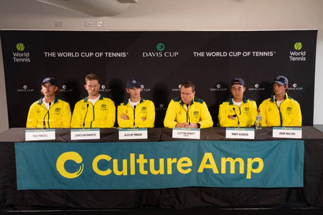 TENNIS DAVIS CUP DRAW, Max Purcell, James Duckworth, Alex de Minaur, Lleyton Hewitt, Rinky Hijikata, Adam Walton are seen during a press conference, PK, Pressekonferenz following a Davis Cup draw event at Pat Rafter Arena, Brisbane, Friday, September 18, 2026. ( NO ARCHIVING Copyright: xRUSSELLxFREEMANx 20260918156021141246