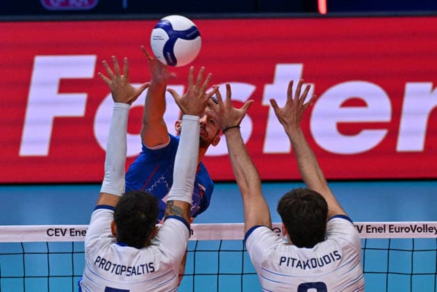 VOLLEYBALL - CEV Eurovolley Men - Slovakia vs. Greece Photo by IPA ABACAPRESS.COM88642363 - Lampros PITAKOUDIS and Athanasios PROTOPSALTIS (Greece) Modena Italy  Copyright: xIPAxSport ABACAx