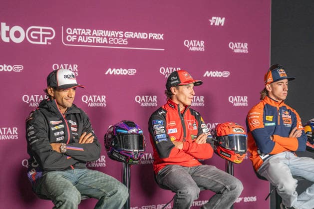 MOTORSPORTS - MotoGP - Austrian Grand Prix Photo by IPA ABACAPRESS.COM88648864 - Jorge Martin (Aprilia Racing), Marc Marquez (Ducati Lenovo Team), and Pedro Acosta (Red Bull KTM Factory Racing) at the pre-event press conference, PK, Pressekonferenz Austria Austria  Copyright: xIPAxSport ABACAx