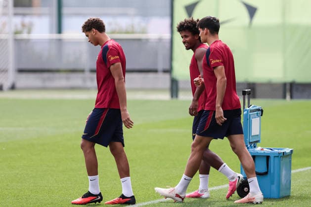 September 18, 2026, Sant Joan Despi, Barcelona, Spain: Karim Adeyemi, Hamza Abdelkarim and Gerard Martin during the training day of FC Barcelona, Barca ahead the Spanish League, Laliga EA Sports, football match against Sevilla FC at Ciudad Esportiva Joan Gamper on September 18, 2026 in Sant Joan Despi, Barcelona, Spain. Sant Joan Despi Spain - ZUMAa181 20260918_zaa_a181_003 Copyright: xJavierxBorregox