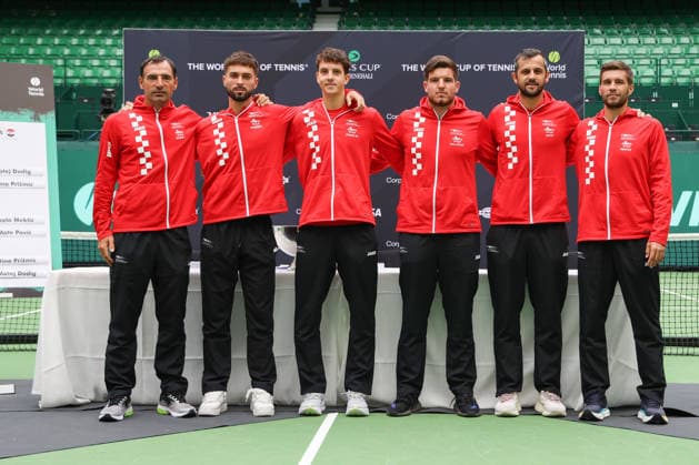 Davis Cup Draw Ceremony Germany vs. Croatia, Heristo Arena, Halle Westf., Germany Team Croatia, Captain Ivan Dodig,Dino Prizmic,Matej Dodig,Mili Poljicak ,Mate Pavic,Nikola Mektic . Copyright: xJuergenxHasenkopfx