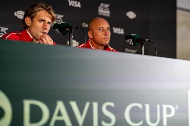 Belgian Zizou Bergs and Belgian captain Steve Darcis pictured during a press conference, PK, Pressekonferenz after winning a tennis match between Austrian Neumayer and Belgian Bergs, the second rubber in the tie between Austria and Belgium, qualifiers for the Davis Cup tournament, on Friday 18 September 2026 in Vienna, Austria. DAVIDxPINTENS  x186860834x