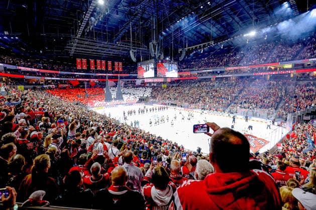 18.09.2026, Eishockey, DEL, Kölner Haie - Grizzlys Wolfsburg, 1.Spieltag, Saison 2026 27, Lanxess-Arena Köln: Choreografie Choreography Choreo der Fans auf der Tribüne Innenansicht Spielstätte Nordrhein-Westfalen Deutschland