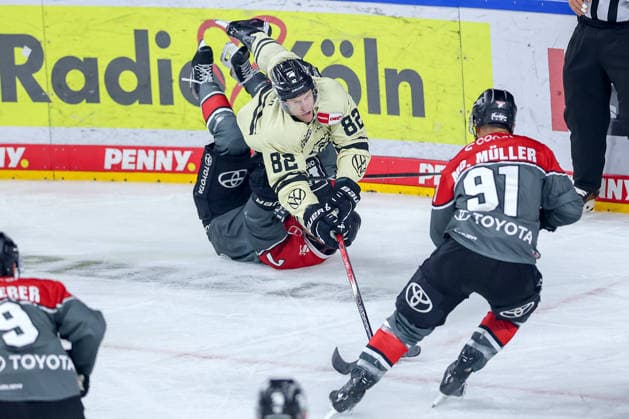 18.09.2026, Eishockey, DEL, Kölner Haie - Grizzlys Wolfsburg, 1.Spieltag, Saison 2026 27, Lanxess-Arena Köln: Will Graber (Grizzlys Wolfsburg 82) stürzt im Zweikampf gegen Carlos Händel (Koelner Haie 07) auf das Eis Nordrhein-Westfalen Deutschland