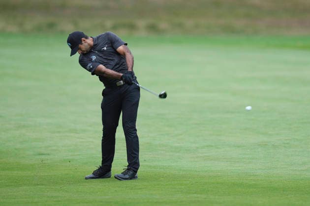VIRGINIA WATER, ENGLAND - SEPTEMBER 18: Aaron Rai (ENG) plays from the twelfth fairway during Round 2 at the BMW PGA, Golf Herren Championship at Wentworth Golf Club, Virginia Water on September 18, 2026 in Surrey, England The BMW PGA Championship
