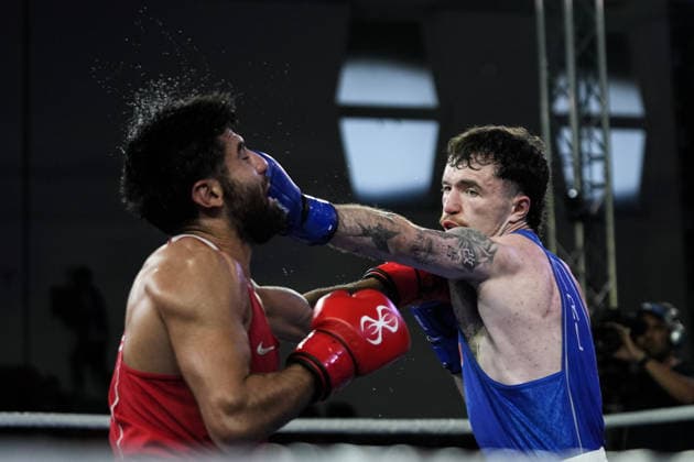 2026 European Boxing Championships in Sofia SOFIA, BULGARIA - SEPTEMBER 18: Dena Clancy (blue) competes against Mohamed Siala (red) in the men s 65kg category at the 2026 European Boxing Championships held at Asics Arena in Sofia, Bulgaria, on September 18, 2026. Osmancan Gurdogan Anadolu Sofia Bulgaria. Editorial use only. Please get in touch for any other usage.  Copyright: x2026xAnadoluxOsmancanxGurdoganx