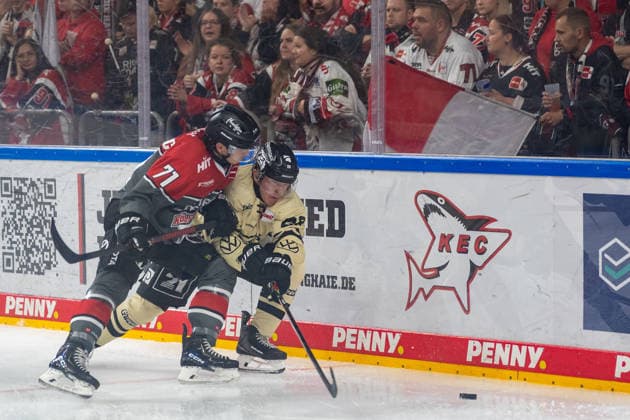 Zweikampf zwischen Daniel Fischbuch (Koelner Haie, 71) und Ross Mauermann (Grizzlys Wolfsburg, 28). Koelner Haie vs. Grizzlys Wolfsburg, Eishockey, Penny DEL, 01. Spieltag, Saison 2026 2027, 18.09.2026 Koelner Haie vs. Grizzlys Wolfsburg, Eishockey, Penny DEL, 01. Spieltag, Saison 2026 2027, 18.09.2026 Köln Copyright: xEibner-Pressefoto ThomasxHaeslerx EP_THR