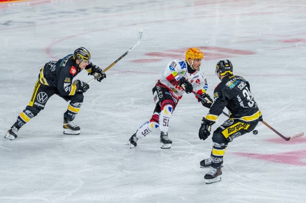 Luca Hauf (Krefeld Pinguine, 85) verfolgt Andy Miele (Fischtown Pinguins Bremerhaven, 51), Tim Schuetz (Krefeld Pinguine, 38) Krefeld Pinguine vs. Pinguins Bremerhaven, Eishockey, PENNY DEL, 1. Spieltag, Spielzeit 2026 2027, 18.09.2026 Krefeld Pinguine vs. Pinguins Bremerhaven, Eishockey, PENNY DEL, 1. Spieltag, Spielzeit 2026 2027, 18.09.2026 Krefeld Copyright: xEibner-Pressefoto LukasxBaldygax EP_LBA