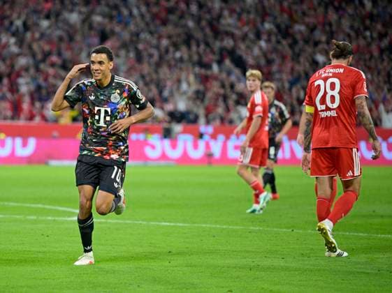 18.09.2026, Fussball Bundesliga 2026 2027, 4.Spieltag, FC Bayern München - 1.FC Union Berlin, in der Allianz-Arena München, Torjubel Jvon Jamal Musiala (Bayern München)