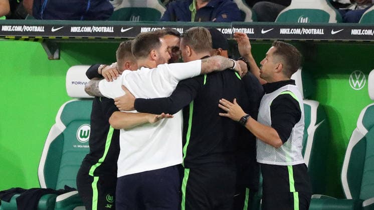 VfL vs. Darmstadt, 2. BL Wolfsburg, 18.09.2026, Fußball, Herren, 2. BL, Saison 2026 2027, VfL Wolfsburg vs. SV Darmstadt 98: Schlussjubel, Cheftrainer Tobias Strobl (VfL Wolfsburg) (DFL DFB REGULATIONS PROHIBIT ANY USE OF PHOTOGRAPHS as IMAGE SEQUENCES and or QUASI-VIDEO) Volkswagen Arena Niedersachsen Deutschland