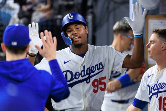September 18, 2026, Los Angeles, California, USA: Josue De Paula 95 of the Los Angeles Dodgers is congratulated after scoring in the fifth inning during a regular-season MLB, Baseball Herren, USA game against the San Francisco Giants on Friday September 18, 2026 at Dodger Stadium in Los Angeles, California. Dodgers defeat Giants, 8-2. JAVIER ROJAS PI Los Angeles USA - ZUMAp124 20260918_zaa_p124_029 Copyright: xJavierxRojasx