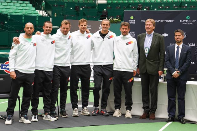 Davis Cup Draw Ceremony Germany vs. Croatia, Team Germany L-R. Tim Puetz, Daniel Altmaier, Kevin Krawietz,Yannick Hanfmann, Alexander Zverev,Michael Kohlmann,Davis Cup Kapitaen, Dietloff von Arnim, DTB Praesident, Ivan Martinez Barredo , ITF Referee, Heristo Arena, Halle Westf., Germany Copyright: xJuergenxHasenkopfx