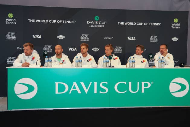 Davis Cup Draw Ceremony Germany vs. Croatia, Team Germany, L-R. Kevin Krawietz, Tim Puetz, Yannik Hanfmann, Alexander Zverev,Captain Michael Kohlmann, Daniel Altmaier , Heristo Arena, Halle Westf., Germany Copyright: xJuergenxHasenkopfx
