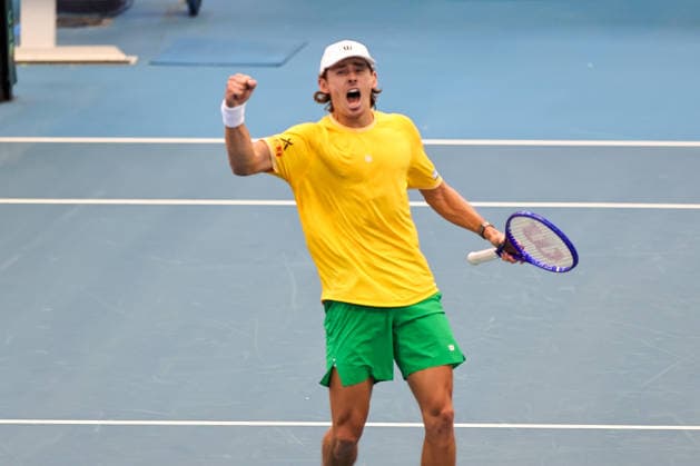 Davis Cup Australia Poland De Minaur celebrates breaking serve during his match in Brisbane, Australia - 19 Sept 2026 Australian Davis Cup player Alex De Minaur celebrates after breaking serve during his match against Poland s Maks Kasnikowski (Not seen) in the first rubber of the World Group I round being held at Pat Rafter Arena. De Minaur won the match 6-3, 6-0 for Australia to go 1-0 up. Brisbane Australia Copyright: xRichardxHainesx xSOPAxImagesx A43I3999