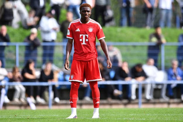 Fußball A-Junioren DFB-Pokal Saison 2026 2027 Achtelfinale: MSV Duisburg U19 - Bayern München U19 am 19.09.2026 an der BSA Westender Straße in Duisburg Uzorchukwu Frank Egwuatu ( Bayern München U19 ) Nordrhein-Westfalen Deutschland