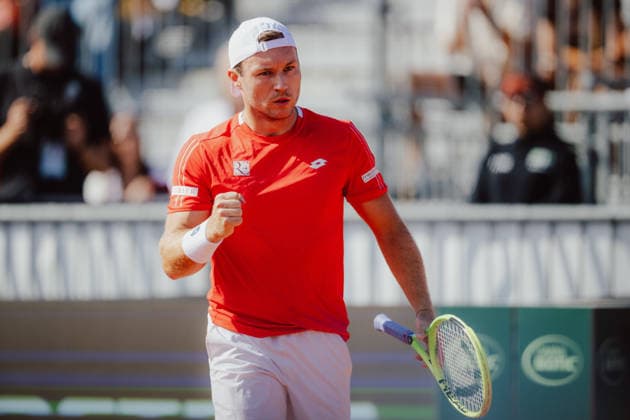 TENNIS - Davis Cup, AUT vs BEL VIENNA,AUSTRIA,19.SEP.26 - TENNIS - ITF Davis Cup, qualification round 2, Austria vs Belgium. Image shows the rejoicing of Lukas Miedler (AUT).  GEPAxpictures xAlexanderxSolc