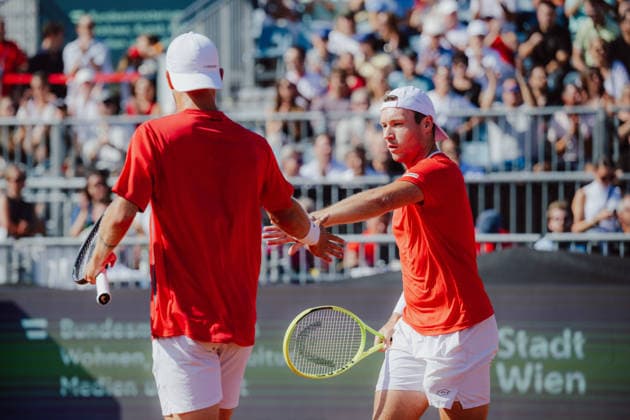 TENNIS - Davis Cup, AUT vs BEL VIENNA,AUSTRIA,19.SEP.26 - TENNIS - ITF Davis Cup, qualification round 2, Austria vs Belgium. Image shows Neil Oberleitner and Lukas Miedler (AUT).  GEPAxpictures xAlexanderxSolc