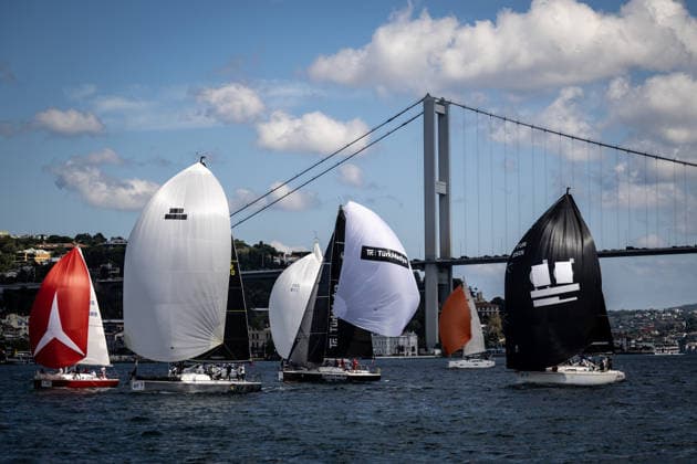 25th Bosphorus Cup in Istanbul ISTANBUL, TURKIYE - SEPTEMBER 19: Sailors and yachts compete in the Bosphorus Strait during the third day of the 25th Bosphorus Cup sailing races in Istanbul, Turkiye on September 19, 2026. Sebnem Coskun Anadolu Istanbul Turkey. Editorial use only. Please get in touch for any other usage.  Copyright: x2026xAnadoluxSebnemxCoskunx