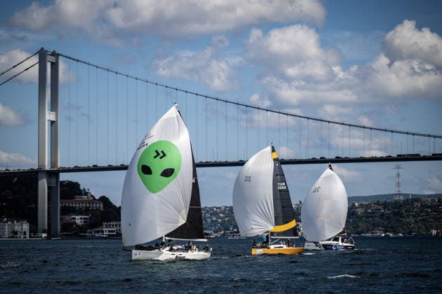 25th Bosphorus Cup in Istanbul ISTANBUL, TURKIYE - SEPTEMBER 19: Sailors and yachts compete in the Bosphorus Strait during the third day of the 25th Bosphorus Cup sailing races in Istanbul, Turkiye on September 19, 2026. Sebnem Coskun Anadolu Istanbul Turkey. Editorial use only. Please get in touch for any other usage.  Copyright: x2026xAnadoluxSebnemxCoskunx