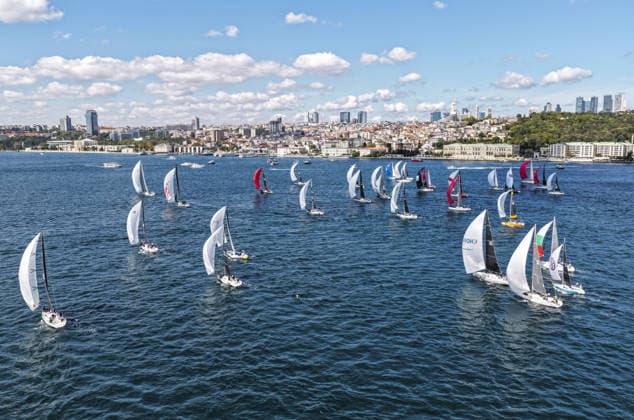 25th Bosphorus Cup in Istanbul ISTANBUL, TURKIYE - SEPTEMBER 19: An aerial view of sailboats competing in the 25th Bosphorus Cup sailing races on the third day of the competition in the Bosphorus in Istanbul, Turkiye, on September 19, 2026. Muhammed Enes Yildirim Anadolu Istanbul Turkey. Editorial use only. Please get in touch for any other usage.  Copyright: x2026xAnadoluxMuhammedxEnesxYildirimx