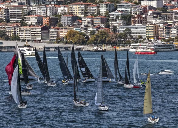 25th Bosphorus Cup in Istanbul ISTANBUL, TURKIYE - SEPTEMBER 19: An aerial view of sailboats competing in the 25th Bosphorus Cup sailing races on the third day of the competition in the Bosphorus in Istanbul, Turkiye, on September 19, 2026. Muhammed Enes Yildirim Anadolu Istanbul Turkey. Editorial use only. Please get in touch for any other usage.  Copyright: x2026xAnadoluxMuhammedxEnesxYildirimx