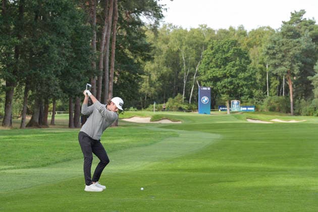 VIRGINIA WATER, ENGLAND - SEPTEMBER 19: Freddy Schott (GER) plays from the twelfth fairway during Round 3 at the BMW PGA, Golf Herren Championship at Wentworth Golf Club, Virginia Water on September 19, 2026 in Surrey, England The BMW PGA Championship