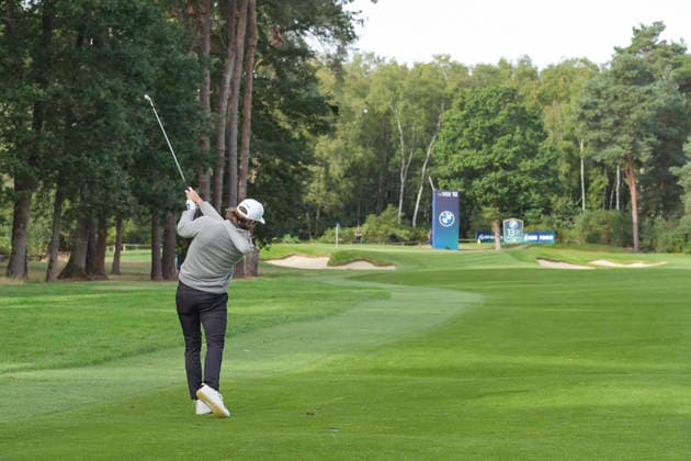 VIRGINIA WATER, ENGLAND - SEPTEMBER 19: Freddy Schott (GER) plays from the twelfth fairway during Round 3 at the BMW PGA, Golf Herren Championship at Wentworth Golf Club, Virginia Water on September 19, 2026 in Surrey, England The BMW PGA Championship