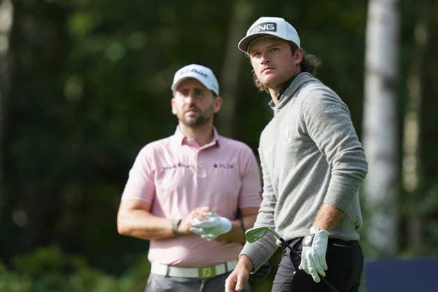 VIRGINIA WATER, ENGLAND - SEPTEMBER 19: Freddy Schott (GER) plays from the seventh tee watched by Nicolai Von Dellingshausen (GER) during Round 3 at the BMW PGA, Golf Herren Championship at Wentworth Golf Club, Virginia Water on September 19, 2026 in Surrey, England The BMW PGA Championship