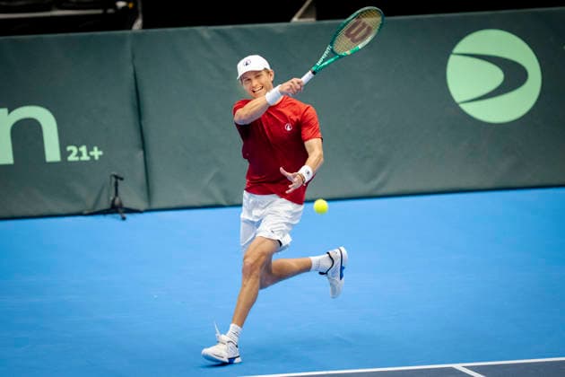 Tennis Davis Cup match between Denmark and Bulgaria Denmark s August Holmgren during the Davis Cup match between Denmark and Bulgaria at Royal Stage, Hilleroed, Saturday, September 19, 2026. (Photo: Sebastian Elias Uth Ritzau Scanpix) , Denmark Copyright: SebastianxEliasxUthx spdk20260919-131914-L