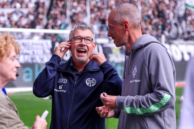 19.09.2026, Fußball, Borussia Mönchengladbach - 1. FSV Mainz 05, 1. Fußball Bundesliga, 4.Spieltag, Ista-Borussia-Park, Saison 2026 27: Cheftrainer Urs Fischer (1.FSV Mainz 05 hc) neben Interimstrainer Jan-Moritz Lichte (Borussia Mönchengladbach hc) DFB regulations prohibit any use of photographs as image sequences and or quasi-video. Nordrhein-Westfalen Deutschland