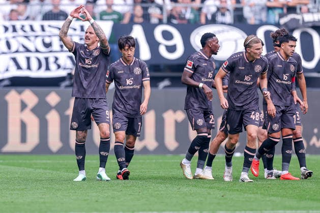 19.09.2026, Fußball, Borussia Mönchengladbach - 1. FSV Mainz 05, 1. Fußball Bundesliga, 4.Spieltag, Ista-Borussia-Park, Saison 2026 27: Torjubel nach dem Tor zum 1:1 durch Torschütze Phillip Tietz (1.FSV Mainz 05 09) DFB regulations prohibit any use of photographs as image sequences and or quasi-video. Nordrhein-Westfalen Deutschland