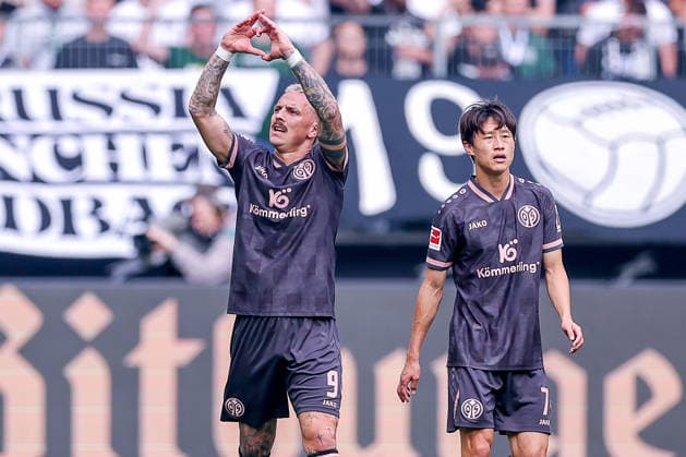 19.09.2026, Fußball, Borussia Mönchengladbach - 1. FSV Mainz 05, 1. Fußball Bundesliga, 4.Spieltag, Ista-Borussia-Park, Saison 2026 27: Torjubel nach dem Tor zum 1:1 durch Torschütze Phillip Tietz (1.FSV Mainz 05 09) DFB regulations prohibit any use of photographs as image sequences and or quasi-video. Nordrhein-Westfalen Deutschland