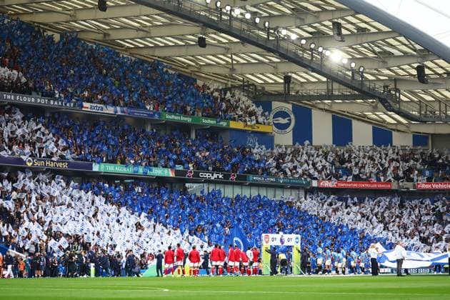 Both teams line up and shake hands. Brighton & Hove Albion v Arsenal, Premier League, Football, American Express Stadium, Brighton, UK - 19 Sep 2026Brighton American Express Stadium United Kingdom EDITORIAL USE ONLY No use with unauthorised audio, video, data, fixture lists, club league logos or live services. Online in-match use limited to 120 images, no video emulation. No use in betting, games or single club league player publications. Copyright: xJamesxMarsh Shutterstockx 17158687ae