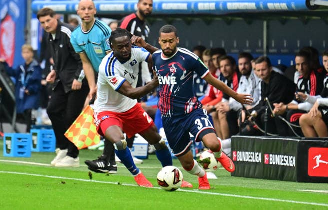 19.09.2026,GER Fußball, Männer, 1.BL, Spieltag 4 , Saison 2026 2027, Hamburg, Hamburger SV vs 1.FC Köln Jordan Torunarigha (HSV 23) versucht sich gegen Linton Maina (Köln 37) durchzusetzen DFB DFL regulations prohibit any use of photographs as image sequences and or quasi-video) Hamburg Volksparkstadion Hamburg Deutschland Copyright: xnordphotoxGmbH xWitkex