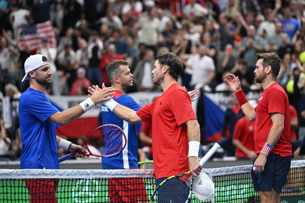 2026 Davis Cup men s team tennis World Championship, WM, Weltmeisterschaft match between the Czech Republic and the United States in Prague, Czech Republic, on September 19, 2026. Tennis doubles match Adam Pavlasek (2nd left) and Patrik Rikl (left) of Czech Republic vs. Christian Harrison (2nd right), Austin Krajicek (right) of USA. USA beats Czechs in Davis Cup qualifier doubles, leads 2-1. (CTKxPhoto MichaelaxRihova) CTKPhotoP2026091904238  CTKPhotoP2026091904238