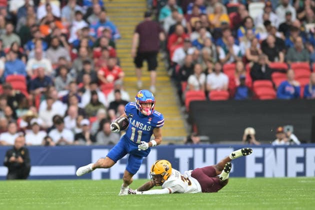Tate Nagy for University of Kansas Jayhawks takes a punt return into the end zone to score early during the Union Jack Classic Big 12 Conference match between University of Kansas Jayhawks and Arizona State University Sun Devils at Wembley Stadium, London, England on 19 September 2026. Copyright: xPhilxHutchinsonx 45400006