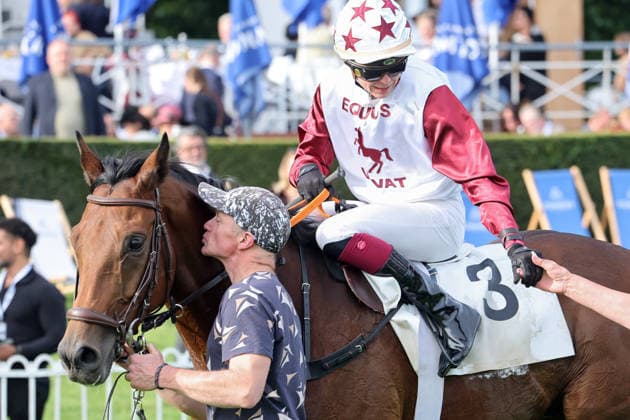 19.09.2026, Hoppegarten, Brandenburg, GER - Kuesschen von Pferdefuehrer Jens Sidow fuer Amigo Charly nach dessen Sieg mit Michaela Malacova. Galopprennbahn Hoppegarten. (Pferd, Jockey, Amigo Charly, Malacova, Sieg, Pferdepfleger, Kuss, kuessen, Sidow) 260919D516HOPPEGARTEN.JPG