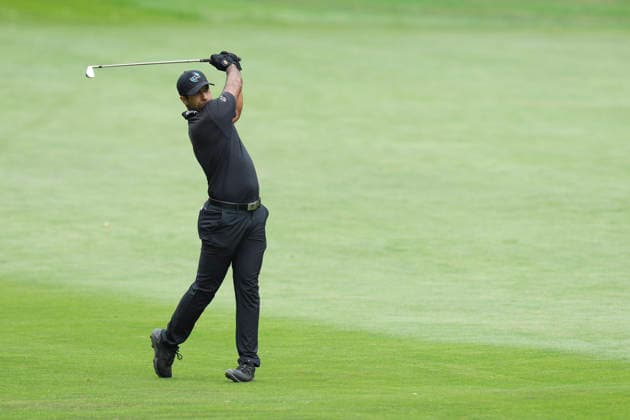 VIRGINIA WATER, ENGLAND - SEPTEMBER 19: Aaron Rai (ENG) plays from the twelfth fairway during Round 3 at the BMW PGA, Golf Herren Championship at Wentworth Golf Club, Virginia Water on September 19, 2026 in Surrey, England The BMW PGA Championship