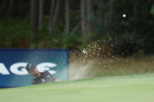 VIRGINIA WATER, ENGLAND - SEPTEMBER 19: Aaron Rai (ENG) plays from a green side bunker on the 12th hole during Round 3 at the BMW PGA, Golf Herren Championship at Wentworth Golf Club, Virginia Water on September 19, 2026 in Surrey, England The BMW PGA Championship