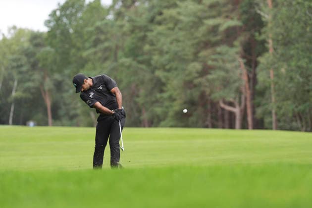 VIRGINIA WATER, ENGLAND - SEPTEMBER 19: Aaron Rai (ENG)plays from the twelfth fairway during Round 3 at the BMW PGA, Golf Herren Championship at Wentworth Golf Club, Virginia Water on September 19, 2026 in Surrey, England The BMW PGA Championship