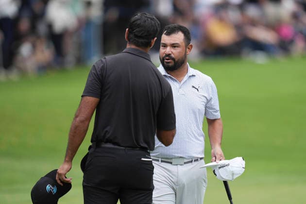 VIRGINIA WATER, ENGLAND - SEPTEMBER 19: Aaron Rai (ENG) shakes hands with JJ Spaun (USA) after Round 3 at the BMW PGA, Golf Herren Championship at Wentworth Golf Club, Virginia Water on September 19, 2026 in Surrey, England The BMW PGA Championship