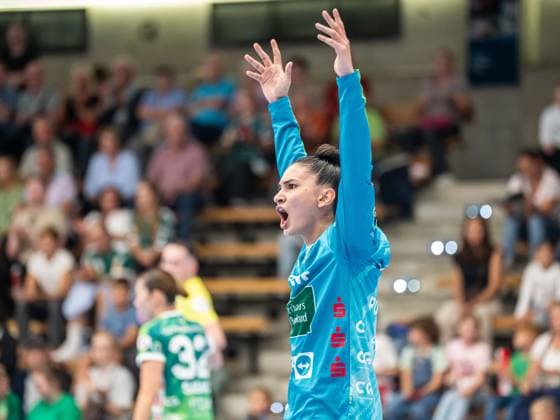 Mikaela Sobrinho Possatti (Frisch Auf Frauen, 01) jubelt lautstark, Frisch Auf Goeppingen vs. HC Leipzig, Handball, 1. Bundesliga, Spielzeit 2026 2027, 19.09.2026 Frisch Auf Goeppingen vs. HC Leipzig, Handball, 1. Bundesliga, Spielzeit 2026 2027, 19.09.2026 Goeppingen Copyright: xMichaelxSchmidt Eibner-Pressefotx EP_MST