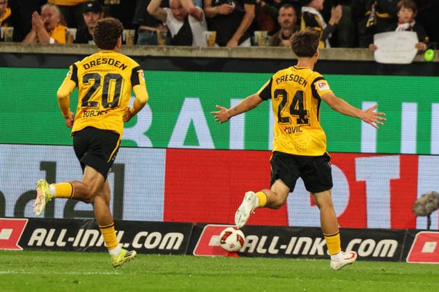 Deutschland: 2. Bundesliga 2026 2027, 7. Spieltag, Dynamo Dresden - Hertha BSC, Rudolf-Harbig-Stadion (Dresden): 1:0 durch Patrice ÄaoviÄ‡ Covic (Dynamo Dresden, 24) Copyright: xLucasxWalterx
