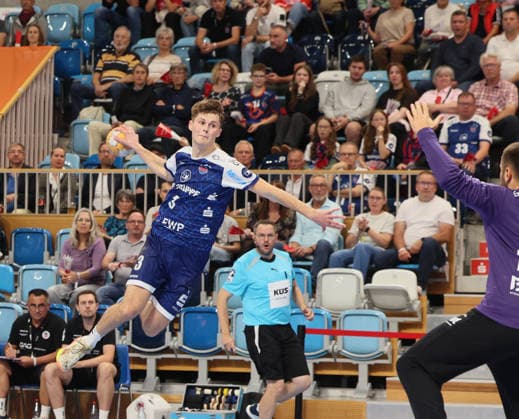GER HBL2 Saison 2026 2027 VfL Potsdam vs EULEN Ludwigshafen, 19.09.26, MBS Arena, Potsdam Markus MAHR (1.VfL Potsdam 6), Janis BOIECK (Eulen Ludwigshafen 32)