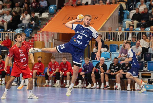 GER HBL2 Saison 2026 2027 VfL Potsdam vs EULEN Ludwigshafen, 19.09.26, MBS Arena, Potsdam Finn LEUN (Eulen Ludwigshafen 37), Tim Niclas SCHRÖDER (1.VfL Potsdam 33)
